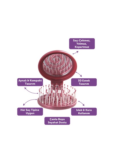 Beauty Makaron Metalik Saç Fırçası - 3d Esnek, Aynalı, Çanta Boy - Compact Detangler Gül Kurusu