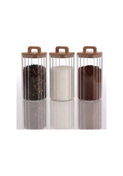 Bambu Kapaklı Borosilikat Cam Kavanoz Takımı - 3 Parça 1100 Ml Şeffaf