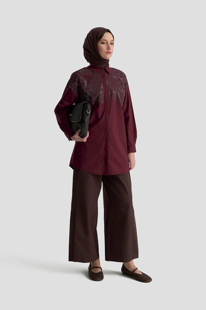 Armine Trend Taş İşlemeli Gizli Düğmeli Tunik-vişne 25kt419 Vişne