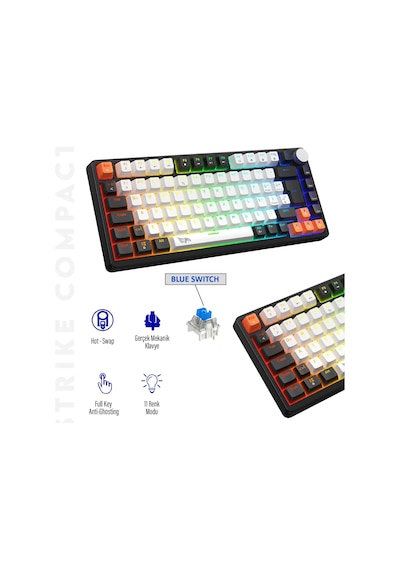 Mekanik Rgb Gaming Kablolu Klavye Mavi Switch Metal Knob Kontrollü Türkçe Q Layout Hot Swap Kompakt Gaming Type-c Kablo Eva Süngerli Gasket Mekanik Örgü Kablolu Oyuncu Klavyesi