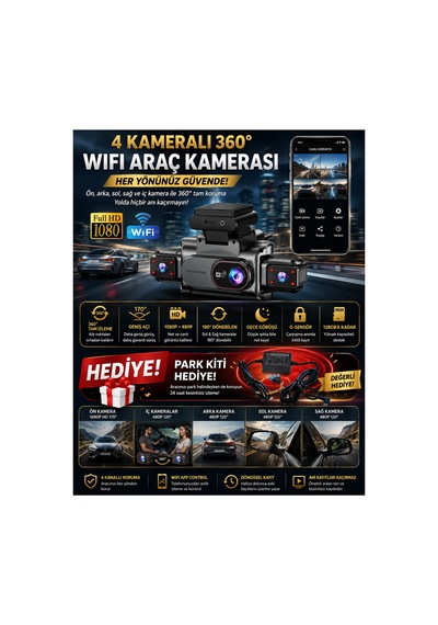 4 Kamera + 360 Görüş + Wifi + Gece Görüşü + Park Kiti Hediye