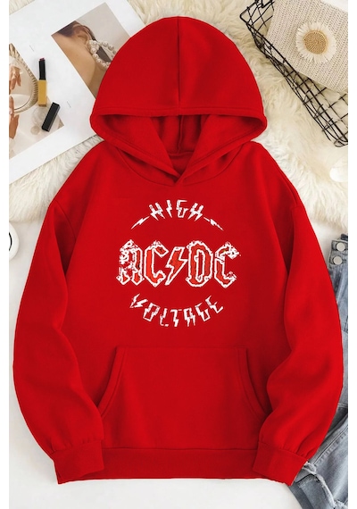 Blackjack Giyim Acdc Oversize Kapüşonlu Sweatshirt Kirmizi