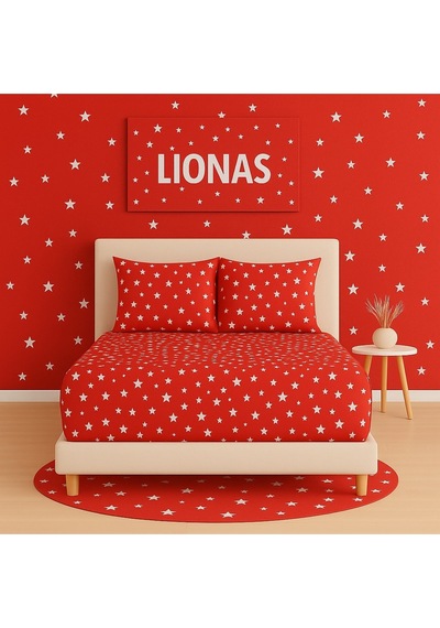 Lionas Desenli 140 X 200 Cm Kırmızı Yıldız Lastikli Çarşaf Ve 2 Adet Yastık Kılıfı Kırmızı