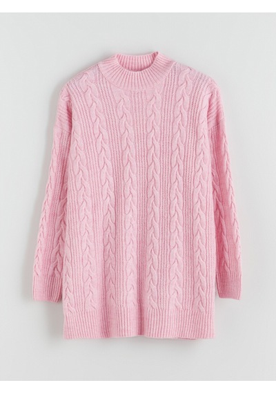 Lcw Modest Pembe Dik Yaka Kendinden Desenli Kadın Triko Tunik