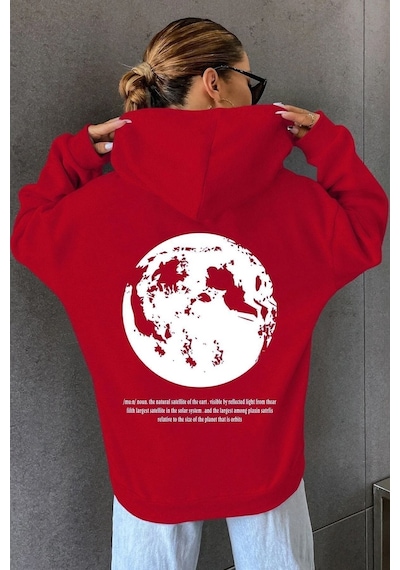 Uyguntarz Unisex The Moon Baskılı Sweatshirt Kırmızı