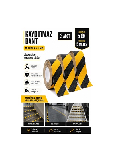 Merdiven Kaydırmaz Bant Sarı Siyah 50mm 3 Adet Mas Güvenlik Uyarı Bandı 5 Metre 5 Cm Yapışkanlı Basamak Mermer Beton