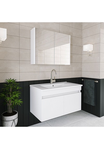 Banos Al3 Lavabolu Beyaz 85 Cm Aynalı Banyo Dolabı Takımı Beyaz