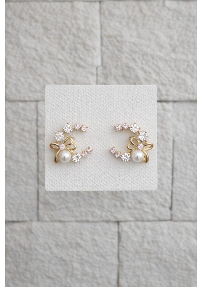 Çelik Rose Gold Kristal Taşlı İncili Fiyonk Detay Pretty Küpe -kararma Yapmaz- Metalik