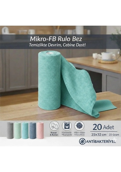 Fb Cup 20'li Rulo Mikro-fb Çok Amaçlı %100 Mikrofiber Temizlik Bezi 25x32 Kopart Kullan Turkuaz Gri - Mavi - Yeşil