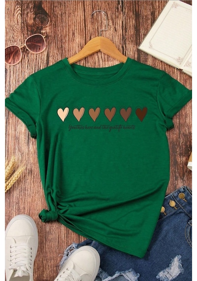 Unisex Hearts Baskılı Tasarım Tshirt Yeşil