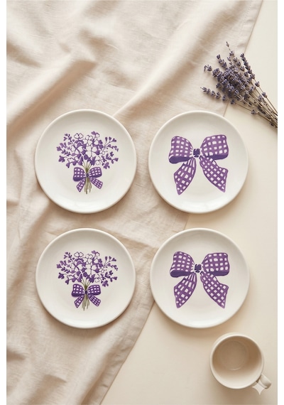 Lila Gift 4 Lü Seramik Tatlı Tabağı 16 Cm Lila Çiçek Desenli Pasta Kahvaltı Sunum Tabak Seti Şık Beyaz