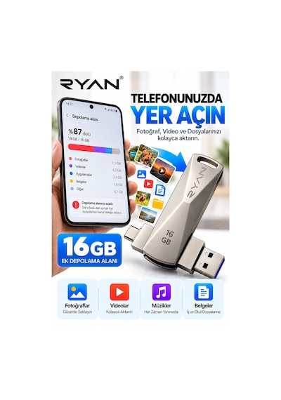 Özel Üretim Pratik Taşınabilir Cihaz 16 Gb Otg Flash Bellek Type-c Usb Bellek 2in1
