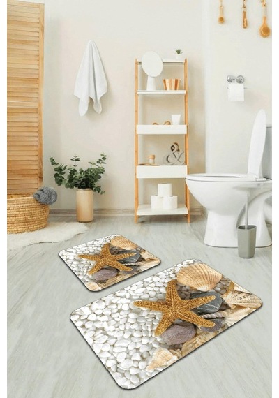 Tr Dijital Banyo Halısı Klozet Takımı 2'li Paspas Seti Bs209 60x90cm + 60x60cm, Bej, Tek Ebat Genel