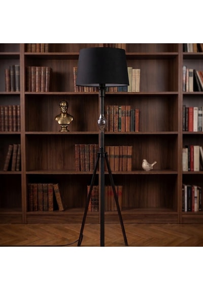 Enderun Tripod Metal Ayaklı Lambader Siyah Hazır Başlık Köşe Lambası Salon Aydınlatması