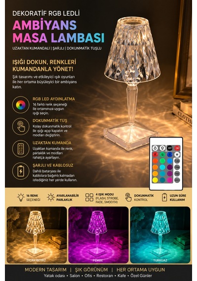 Rgb Led Dekoratif Ambiyans Masa Gece Lambası Uzaktan Kumandalı Şarjlı Dokunmatik Abajur Kristal Beyaz