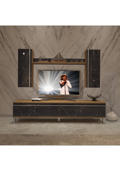 Decoraktiv Eko 5d Mdf Std Krom Ayaklı Tv Ünitesi Tv Sehpası Pera - Siyah Mermer