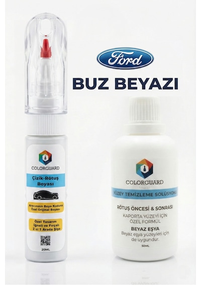 Ford Buz Beyazı İğneli & Fırçalı Şişe Rötuş Boyası Ve Yüzey Temizleme Solüsyonu Seti