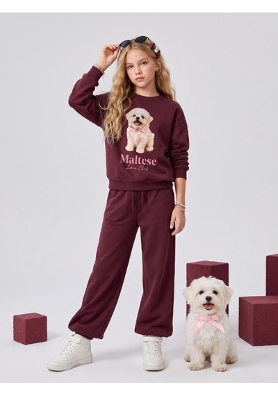 Zekids Kız Çocuk Pamuklu Köpek Baskılı Oversize Tasarım Sweatshirt-16472 Bordo