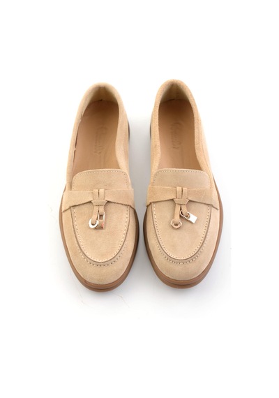 Bambi Bej Hakiki Deri Kadın Loafer Ayakkabı K01045035802 Bej