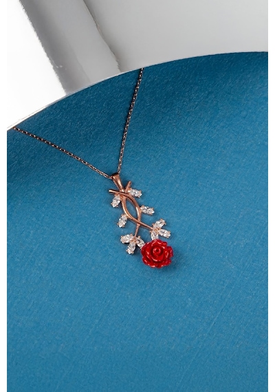 925 Ayar Gümüş Zirkon Taşlı Rose Renk Gül Bayan Kolye - 50 CM