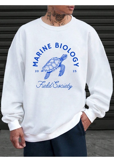 Startmore Startmoredeniz Biyolojisi Kaplumbağa Baskılı Sweatshirt Erkekler İçin Bisiklet Yaka Günlük Kazaklar Po Beyaz