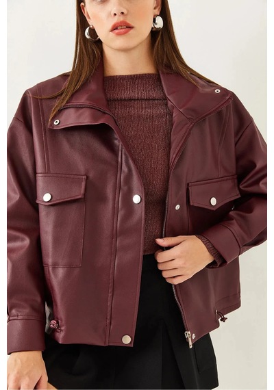 August Yanlardan Büzgü Detaylı Deri Ceket - Oversize Bordo Bordo
