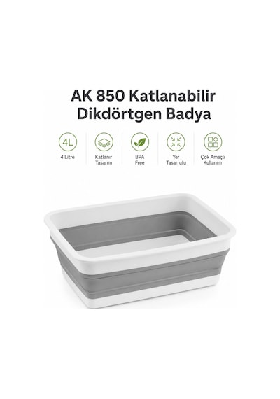 Katlanır Dikdörtgen Badya 4 Litre Pratik Katlanabilir Leğen Beyaz - Gri