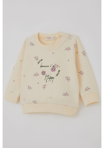 Breeze Kız Bebek Eşofman Takımı Pembe Çiçek Desenli 6 Ay-2 Yaş, Krem