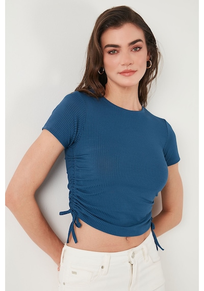 Lela Yanlardan Büzgülü Kısa Kollu Crop Bayan Bluz 5864010 Indigo