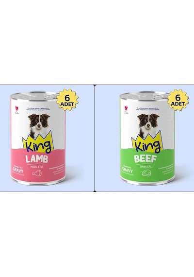 King Sos İçerisinde Et Parçacıklı Kuzu Etli Ve Dana Etli Köpek Konservesi 400 Gr 12 Adet