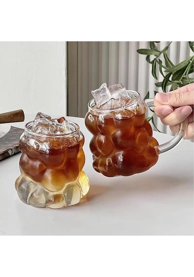 Aee 2 Adet Kulplu Boncuk Şekilli Cam Bardak 350ml Borosilikat Üzüm Kabarcıklı Tasarım Isıya Ve Sku: Smg8690010535597