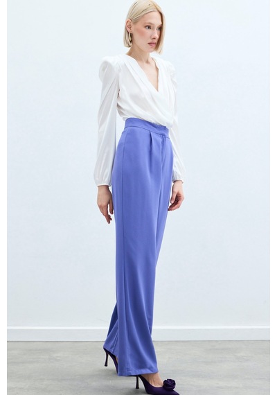 Sateen Pileli Krep Pantolon - Mor-133393 Mor