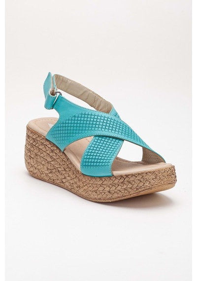Analin Shoes Kadın Hakiki Deri Çapraz Bantlı Cırtlı Sandalet Turkuaz
