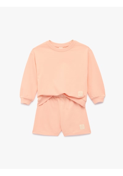 Koton Pamuklu Uzun Kollu Bisiklet Yaka Sweatshirt Ve Şort Takım - 2'li Set Pembe 6smg10080ak Gül