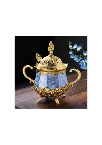 Kaşıklı Şekerlik Reçellik Kase Mavi Mermer Desenli Metal Gold Ahsen Model Altın