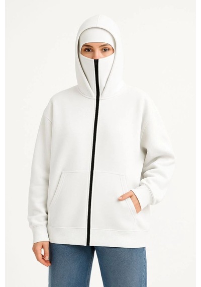 Velmora Fashion Kadın Samuray Ninja Çift Kapüşonlu Maske Detaylı 3 İplik Hoodie - Beyaz