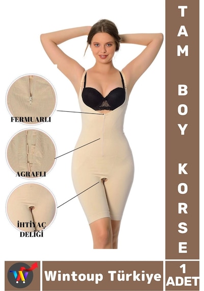 Wintoup Özel Model Karın Bel Toparlayan Sıkılaştıran Çıkarılabilir Askılı Fermuarlı Ağraflı Tam Boy Korse Ten