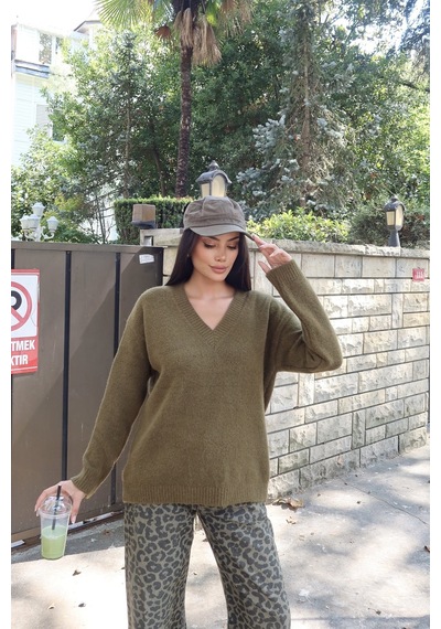 Kechi Woman V Yaka Oversize Triko Kazak Yeşil