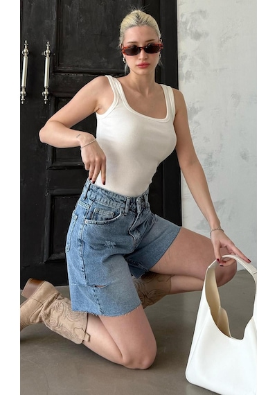 Madmext Mavi Yüksek Bel Yandan Yırtık Kot Şort Mg1477 Mavi