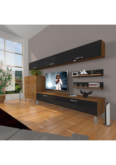 Decoraktiv Eko 8 Slm Std Krom Ayaklı Tv Ünitesi Tv Sehpası Ceviz - Siyah