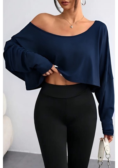 Kadın Düşük Omuz Kayık Yaka Oversize Uzun Kollu Crop T-shirt Lacivert