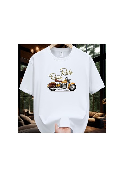 Caddemia Yaz Moda Rahat Gevşek Büyük Boy Klasik Motosiklet Desen Baskılı Yuvarlak Yak Beyaz 2XL Caddemia Yaz Moda Rahat Gevşek Büyük Boy Klasik Motosiklet Desen Baskılı Yuvarlak Yak Beyaz 2XL
