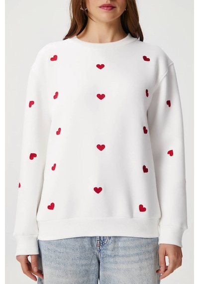 Kadın Pretty Beyaz Kırmızı Minik Kalp Sweatshirt Beyaz - Kırmızı