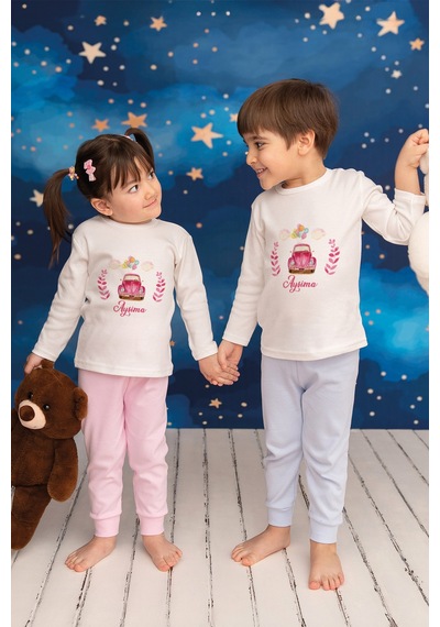 Pia Baby İsimli Kız Çocuk Pijama Takımı %100 Pamuk Penye İsme Özel Baskılı Kişiselleştirilebilir Pijama Seti 20214p14pi Krem