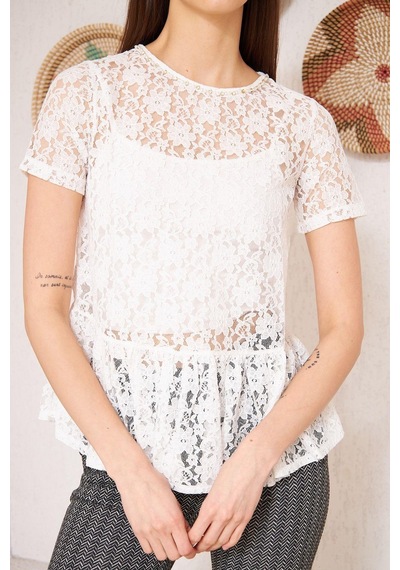 Darlin Moda Beyaz Dantelli Yakası Boncuk Detaylı Astarsız Bluz DM10331 Beyaz