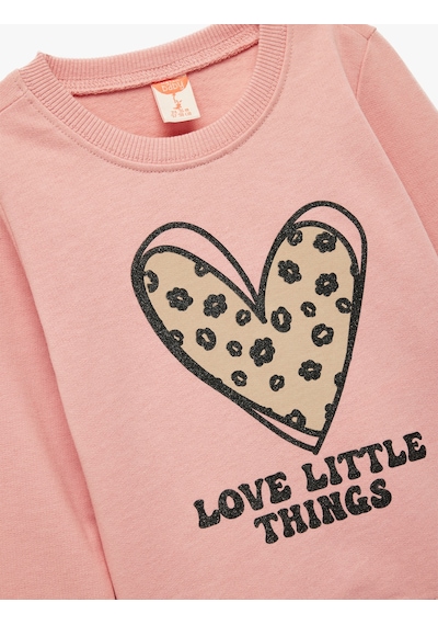 Koton Pamuklu Uzun Kollu Bisiklet Yaka Kalp Baskılı Sweatshirt Pembe 6wmg10066ak Gül