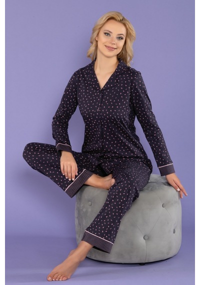 Over Sleep By Poleren Kadın Pijama Takımı Önden Düğmeli Pamuklu Koyu Mor