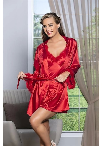 Saklımoda Kuşaklı Mini Boy Saten Sabahlık Kırmızı Mgp11500 Kırmızı