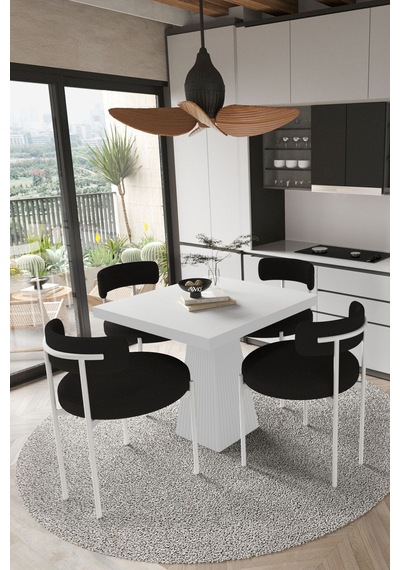 Avvio Milena Beyaz Lake Mdf Ayak 90x90 Yemek Masası Mutfak Masası 4 Kişilik Masa Takımı Teddy Sandalye Beyaz