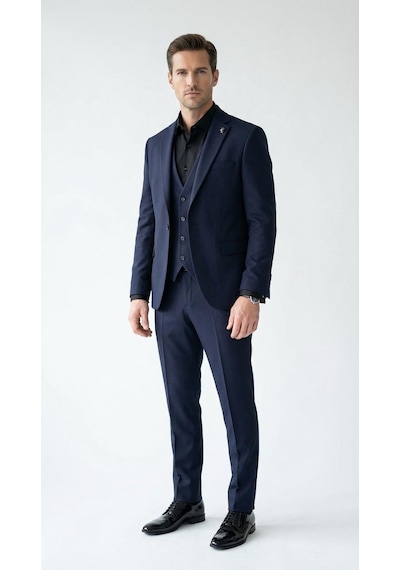 Erkek Klasik Slim Fit Armürlü Kumaş Tek Düğmeli Çift Yırtmaçlı Klasik Yaka Takım Elbise 7 Drop Lacivert